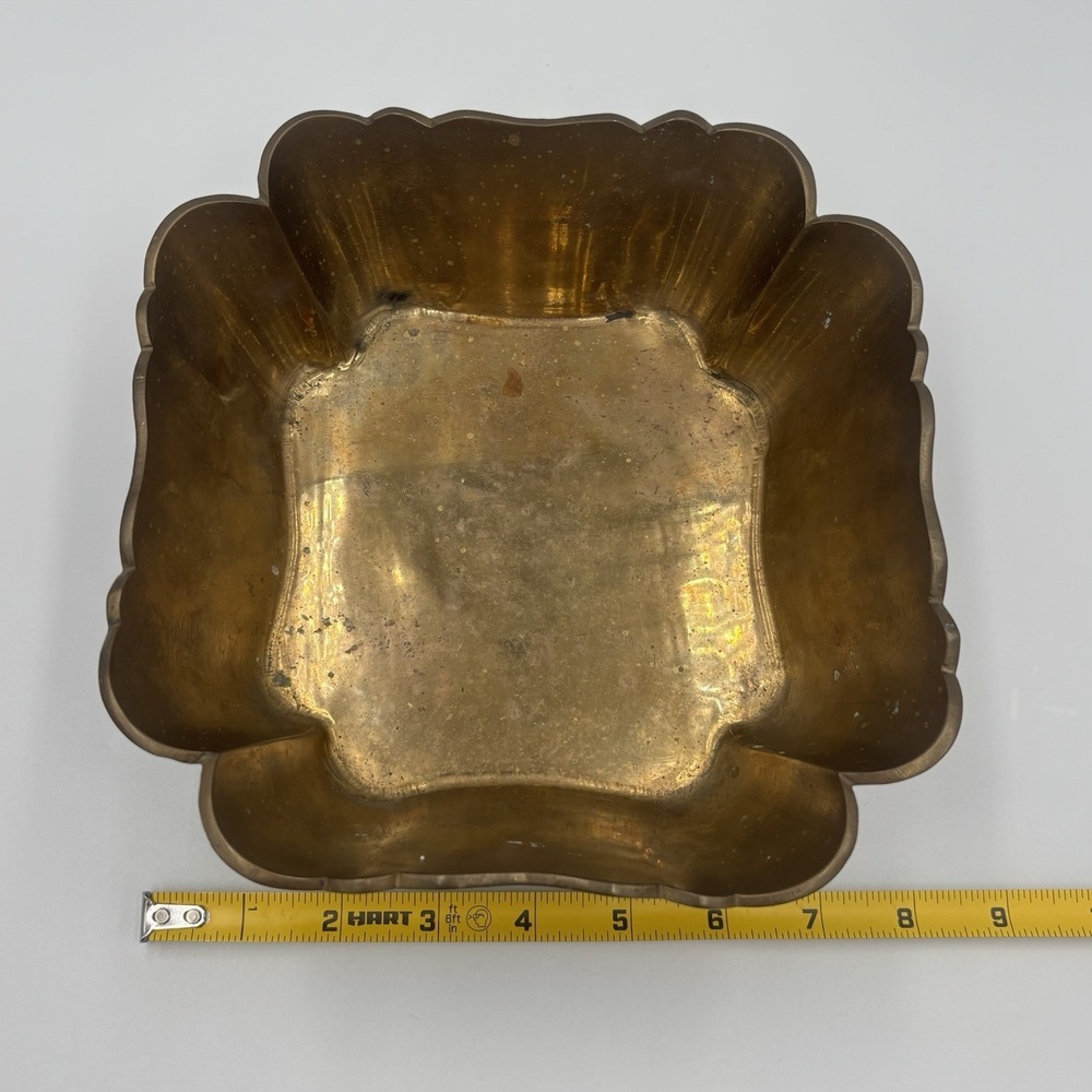 Vintage Art Deco Ornate Footed Solid Yellow Brass Square Ruffled Bowl - Picture 11 of 13